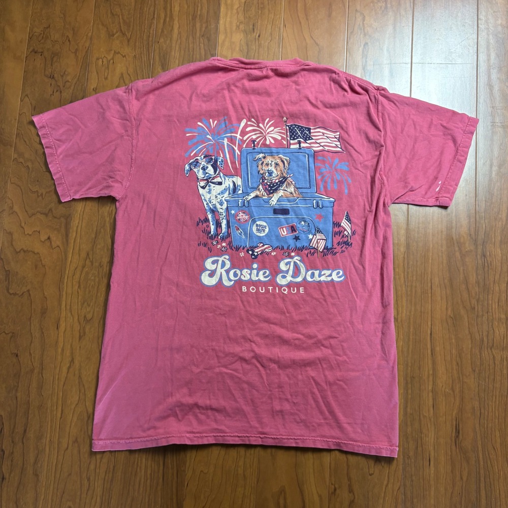 Rosie Daze Boutique Dog Americana T-Shirt Pink ComfortWash Hanes Medium